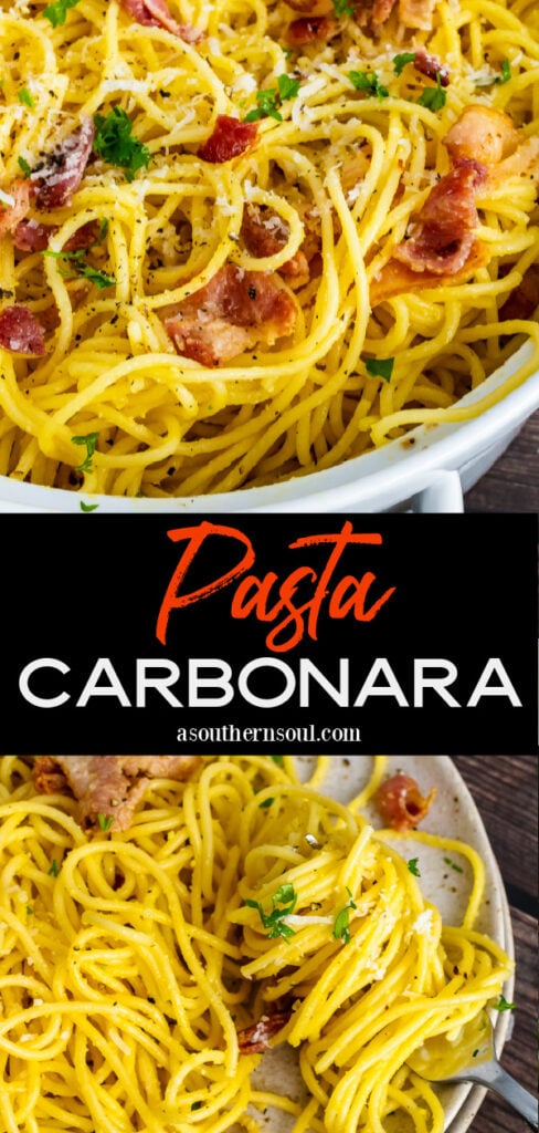 Pasta Carbonara Pinterest pin with 2 images