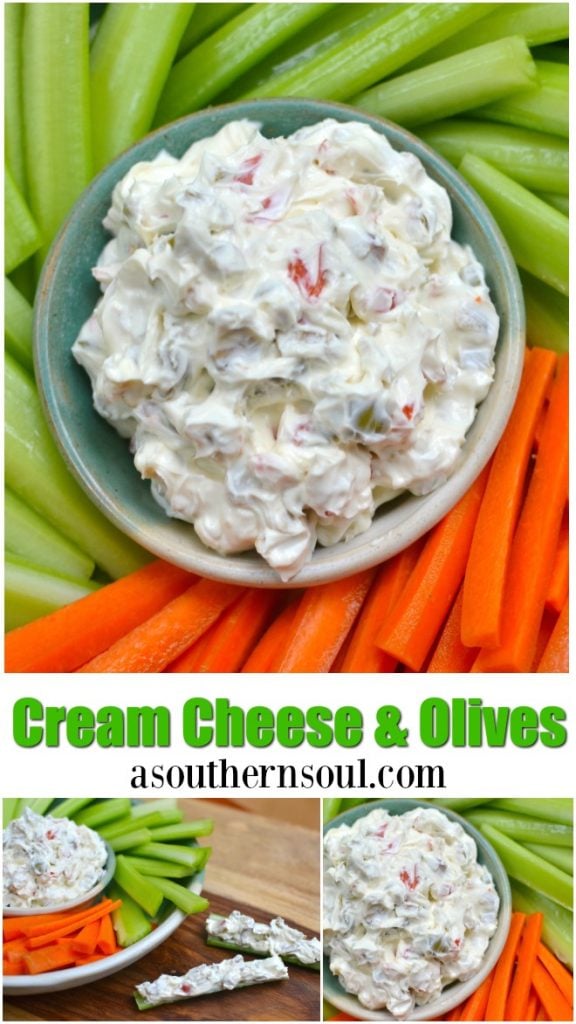 Cream cheese and olives mixed together for a retro recipe that's perfect when spread on bread or used as a dip with veggies.