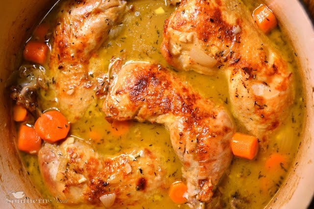 Braised Chicken Thighs in golden sauce with carrots in a Dutch oven, viewed from above