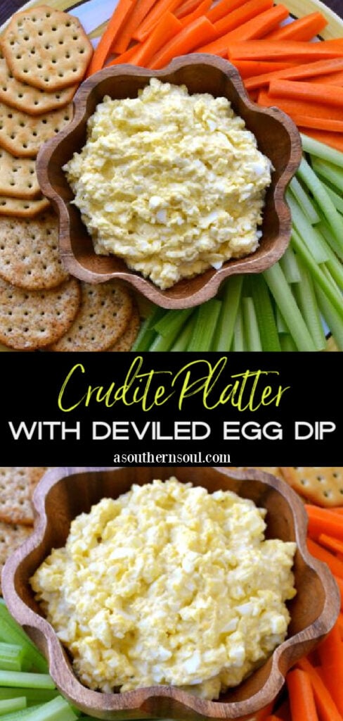 Deviled Egg dip served with carrots, celery and crackers is the perfect spring appetizer.