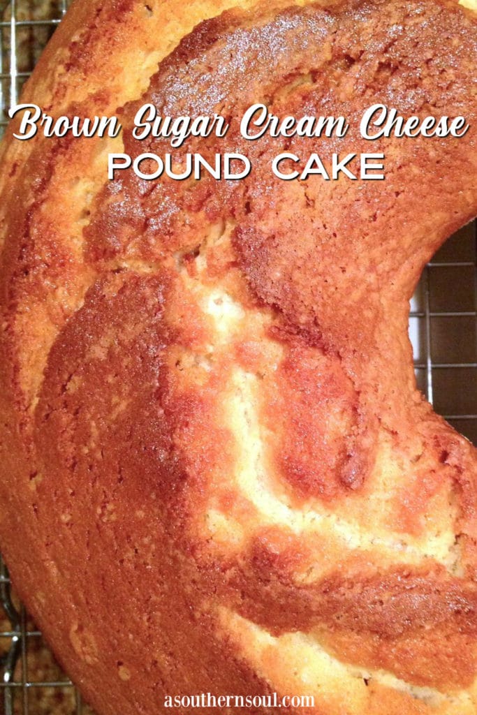Pinterest pin for Brown Sugar & Cream Cheese Pound Cake
