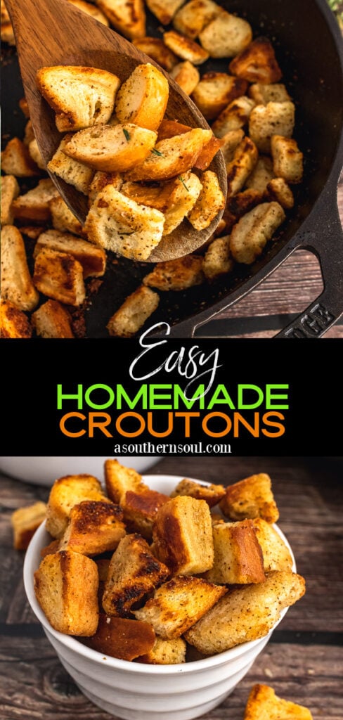Homemade seasoned croutons with 2 images for Pinterest.