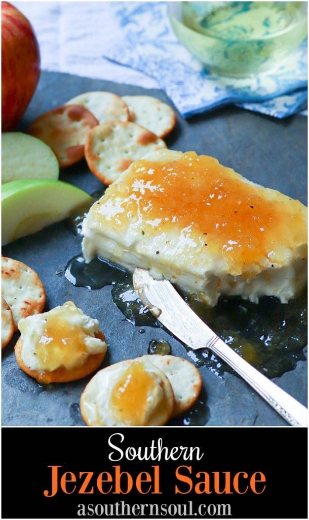 Jezebel Sauce made with pineapple preserves, apple jelly, horseradish, dry mustard and pepper is delicious as an appetizer or sauce for meat.
