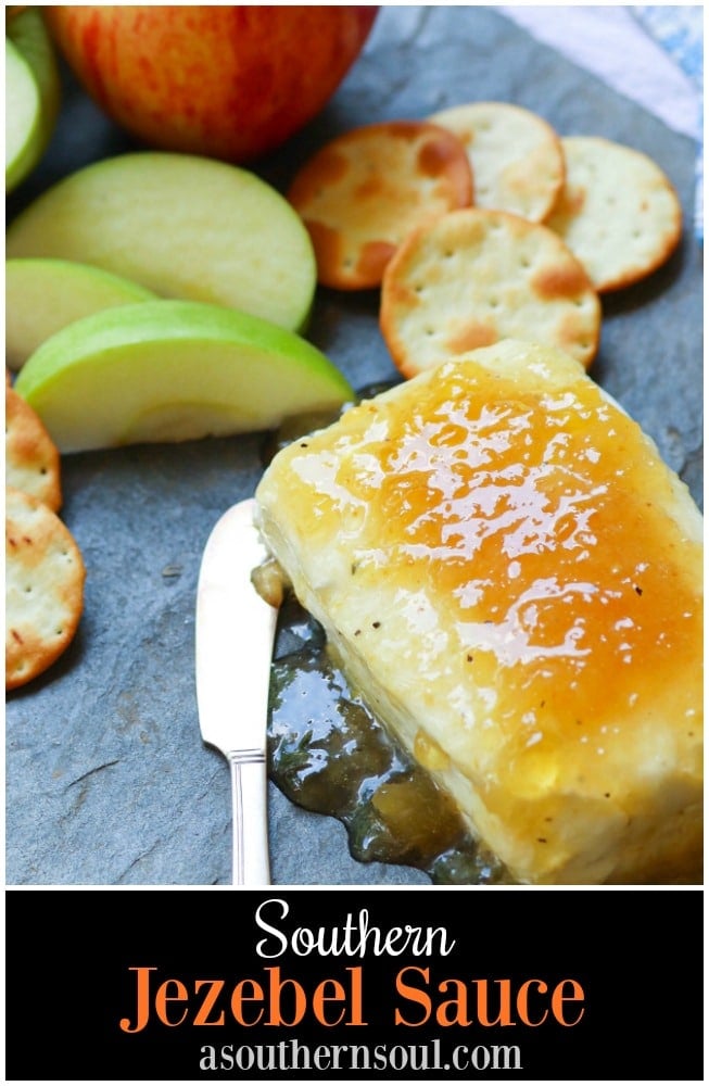 Jezebel Sauce made with pineapple preserves, apple jelly, horseradish, dry mustard and pepper is delicious as an appetizer or sauce for meat.