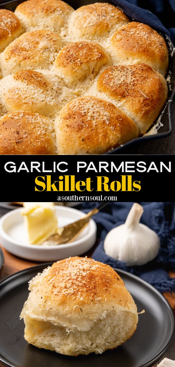 Pinterest pin for Garlic Parmesan Skillet Rolls