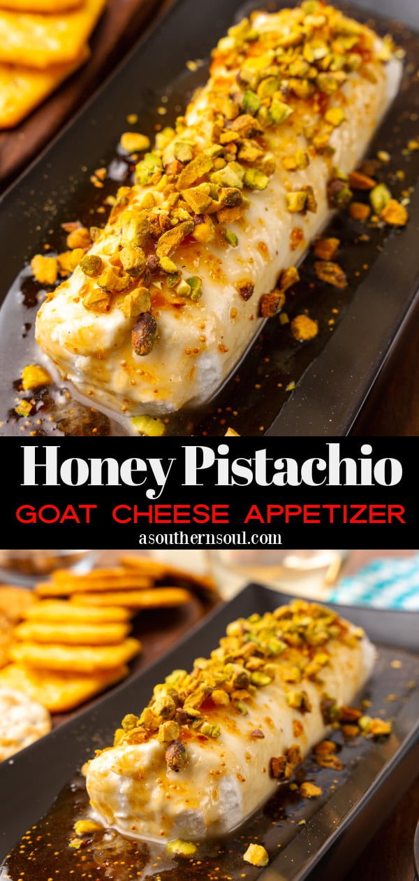 Goat cheese log with fig jam, honey and sprinked with chopped pistachios served on a black platter and a knife for cocktails.