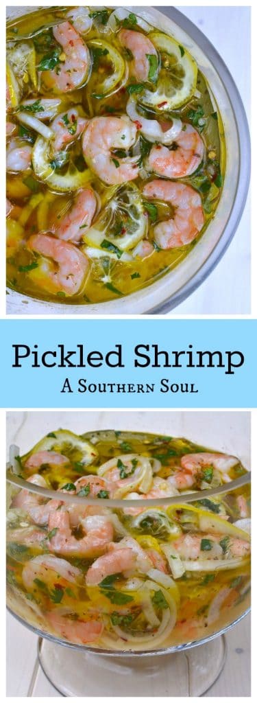 Pickled Shrimp made with lemons, onions, olive oil and spices is a dish that great for parties and as an appetizer when entertaining.