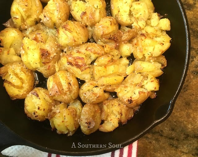 http://asouthern-soul.blogspot.com Cast Iron Potatoes Crushed from Crispy Smashed Potatoes recipe