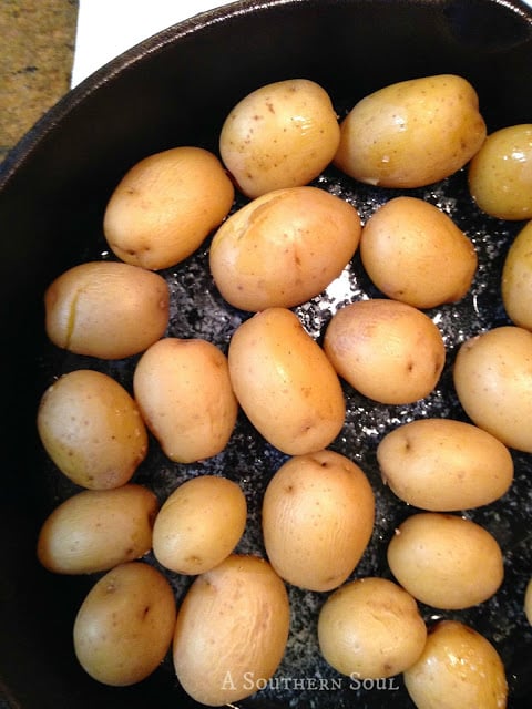 http://asouthern-soul.blogspot.com Cast Iron Potatoes Raw from Crispy Smashed Potatoes recipe