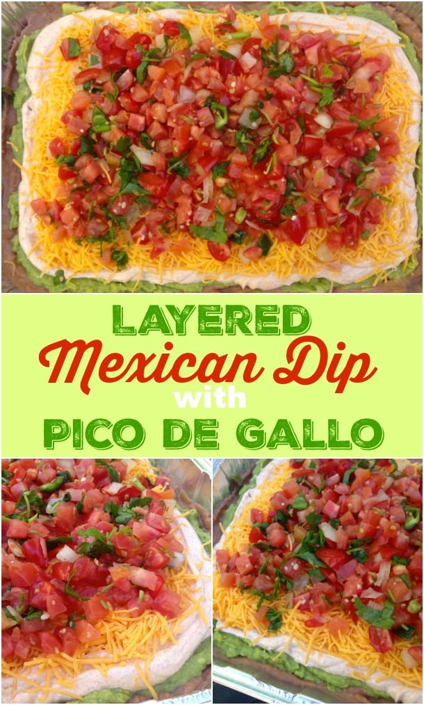 Mexican Dip layered with refried beans, spicy sour cream, guacamole, cheese and fresh pico de gallo is a great way to celebrate Cinco do Mayo or any other day!