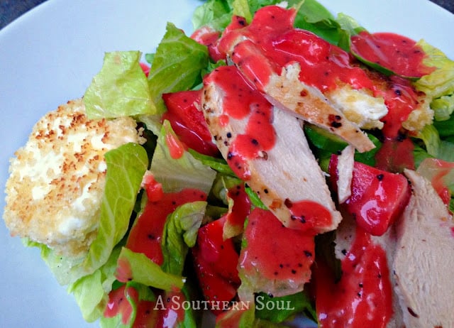 http://asouthern-soul.blogspot.com Strawberry Dressing & Goat Cheese Salad, chicken, grilled, greens, recipes, salads