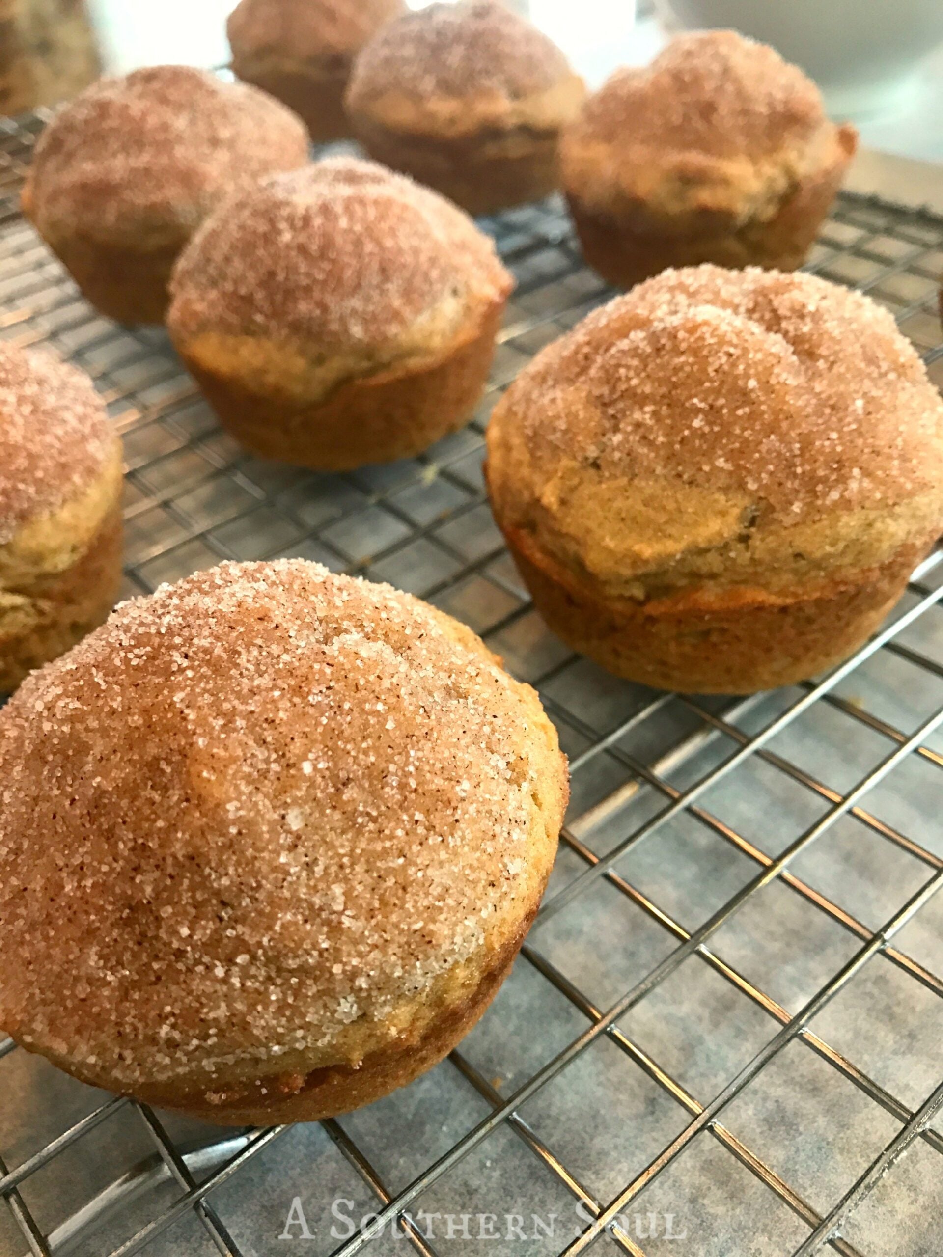 Whole Wheat Applesauce Muffins with cinnamon sugar coating cooling on a wire rack