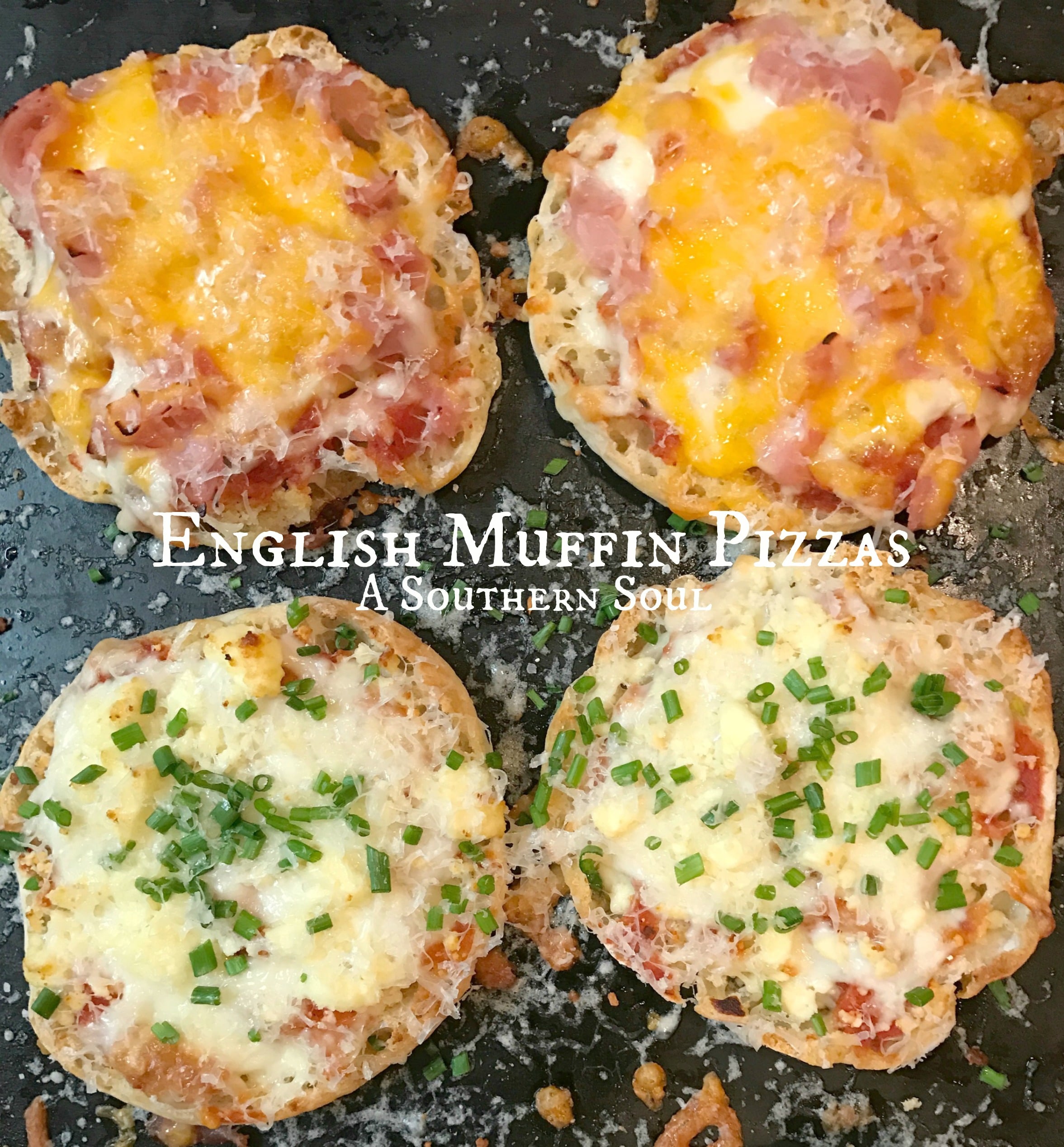 english muffin chive and ham pizzas