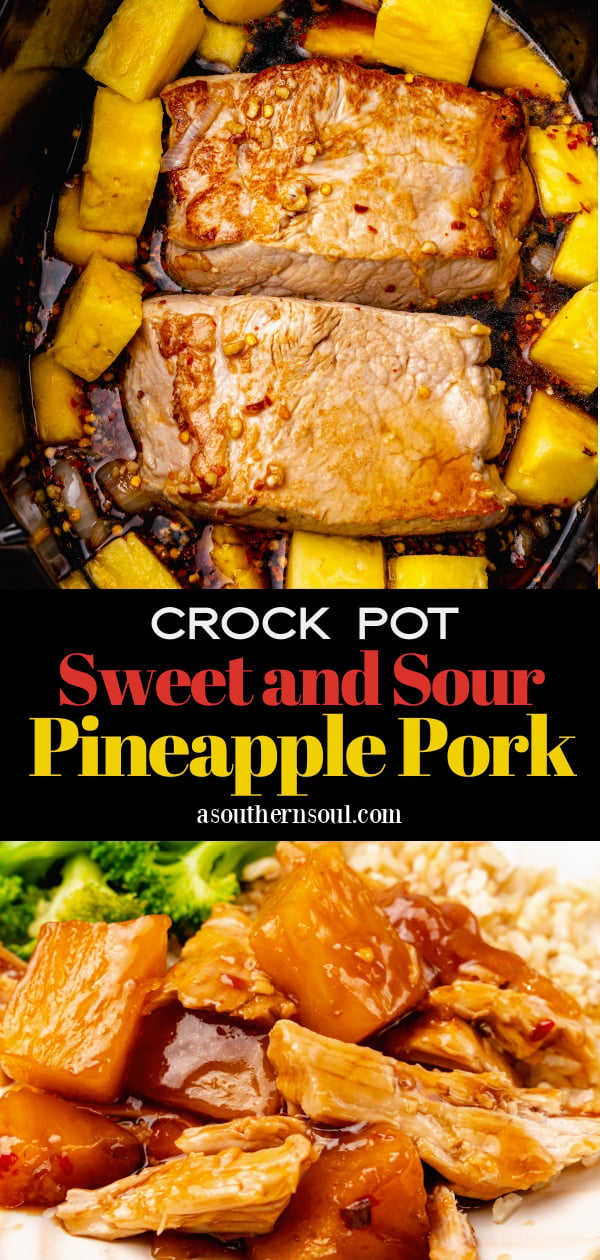 Crock Pot Pineapple Pork Roast cooked low and slow in a rich garlic, red pepper sauce is easy to make for dinner.