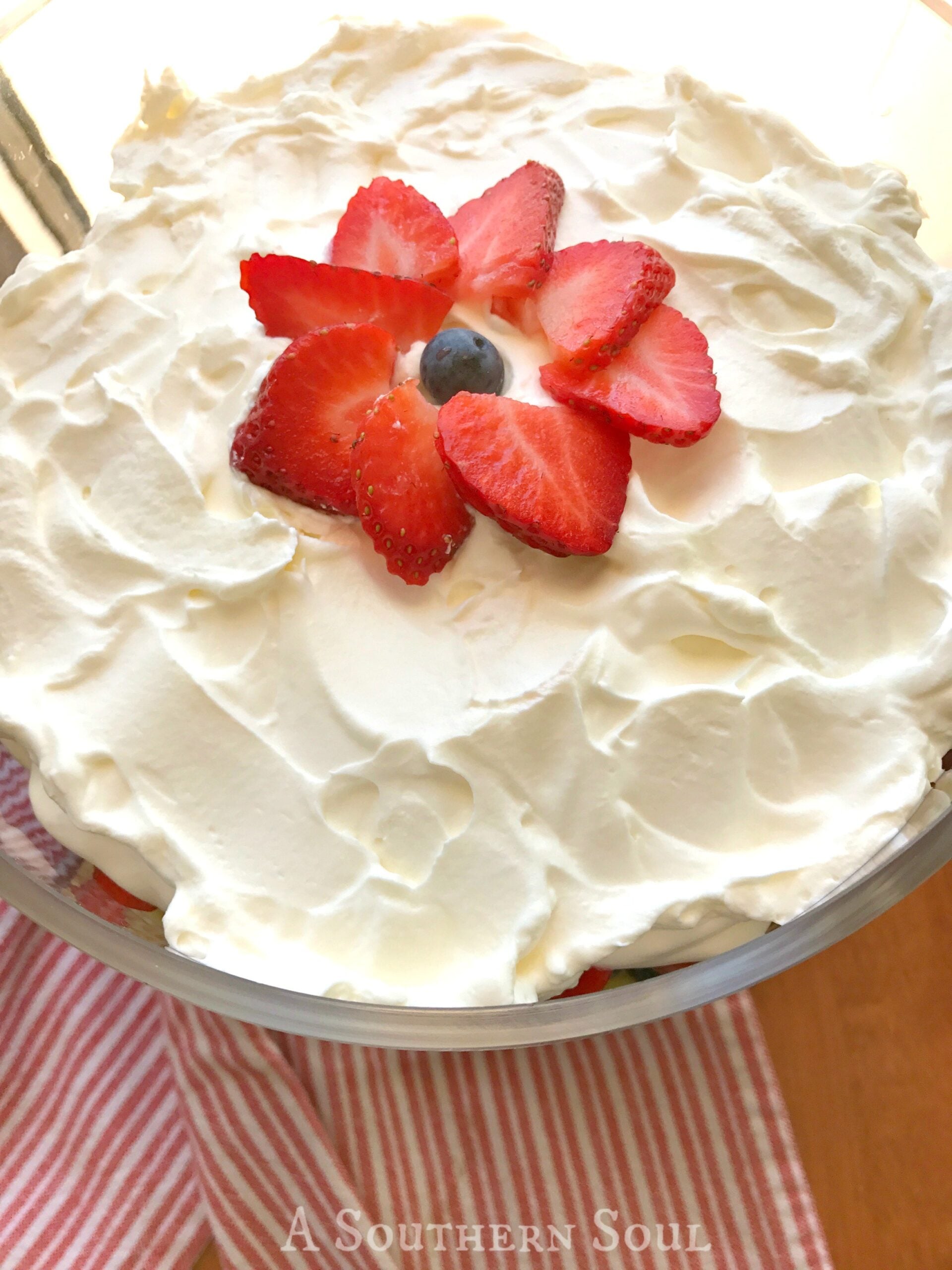 Super Simple Whipped Cream cake topped with fresh strawberry slices and blueberry, displayed in clear cake container with red striped napkin