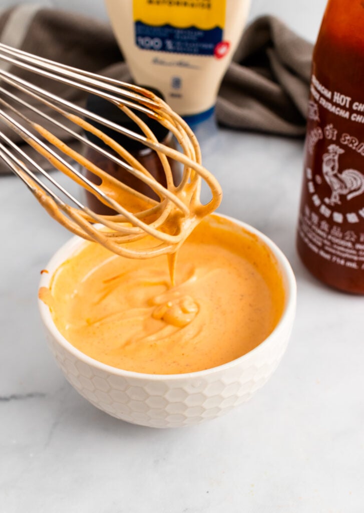 Spicy Mayo Sauce mixed up with a whisk.