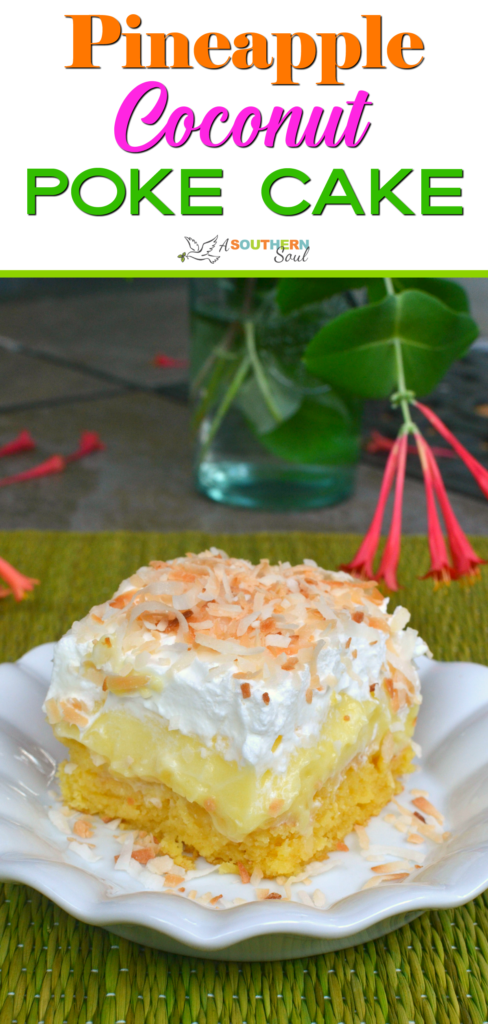 Pineapple Coconut Poke Cake is loaded with tropical flavor and easy to make. With a box cake mix, pudding, pineapple, cooking and whipped cream you can make this cake!