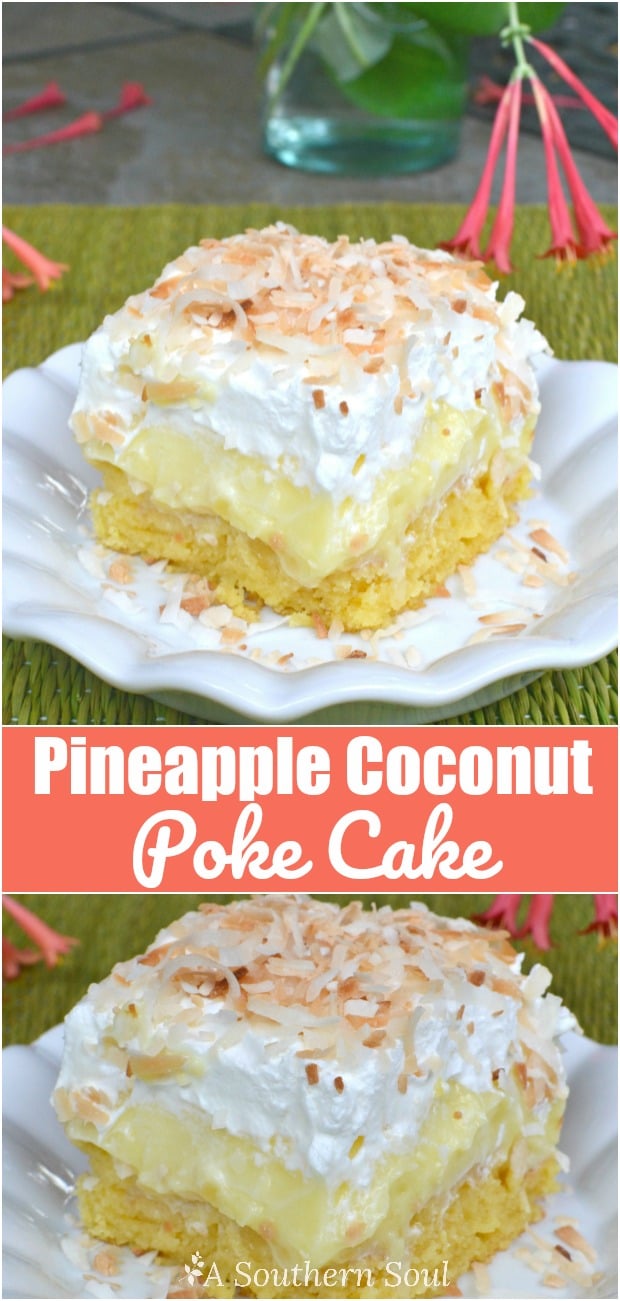 Pineapple Coconut Poke Cake that's easy to make with fresh tropical flavors!