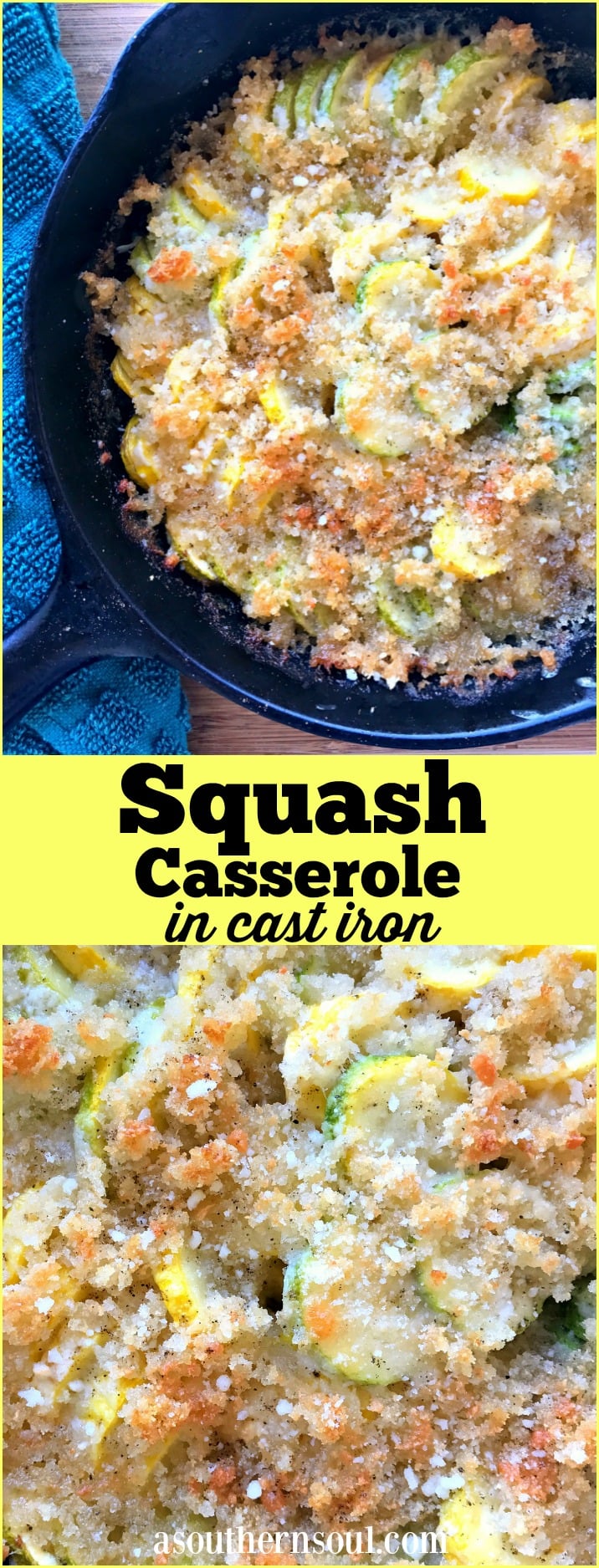 Yellow squash cooked in a cast iron skillet is a new take on a southern favorite dish. Lightened up a bit with all the flavors you love. Topped with a cheesy, buttery crust for a simple, delicious side dish.