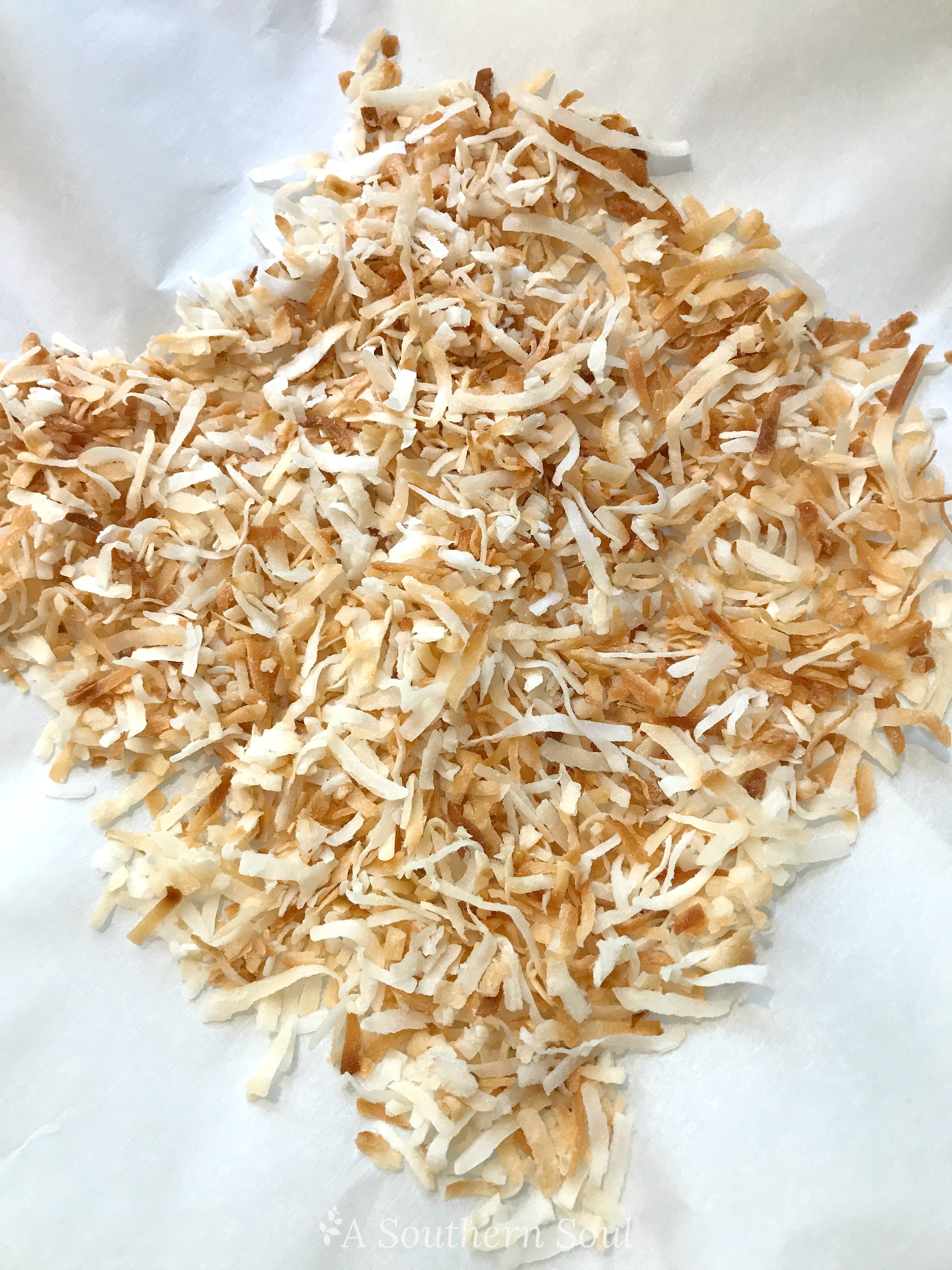 toasted coconut on parchment