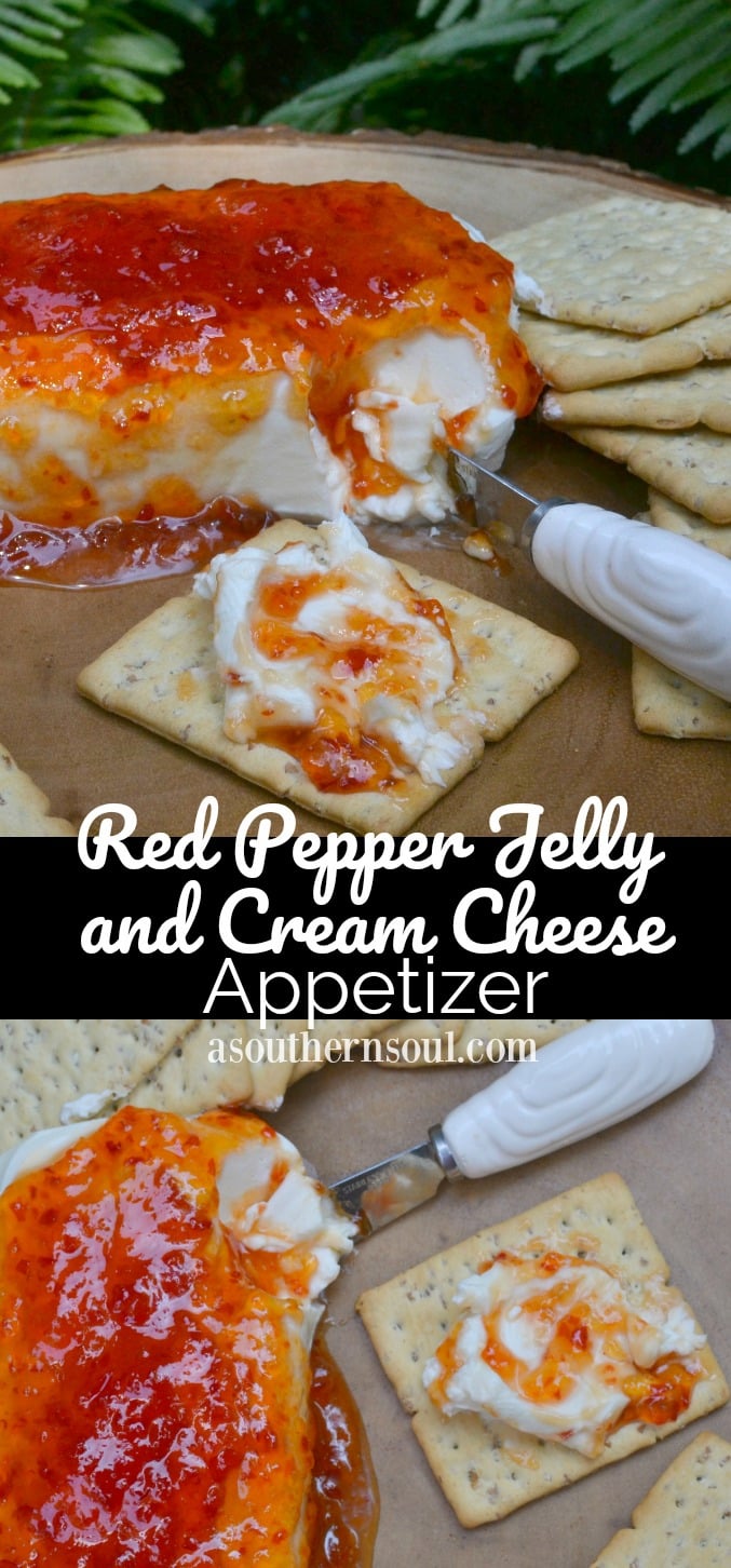 red pepper jelly and cream cheese appetizer with crackers