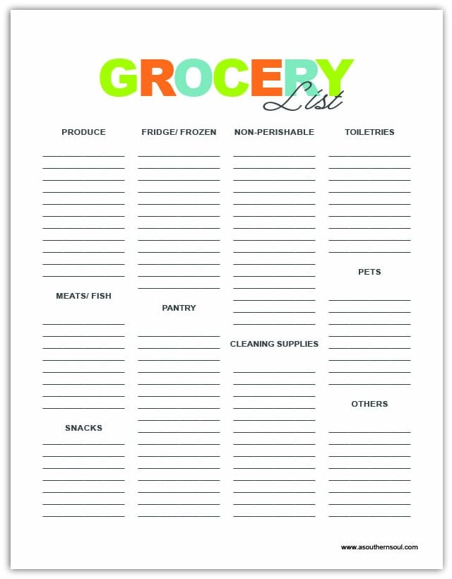 Grocery List from Free Meal Planning Printables recipe