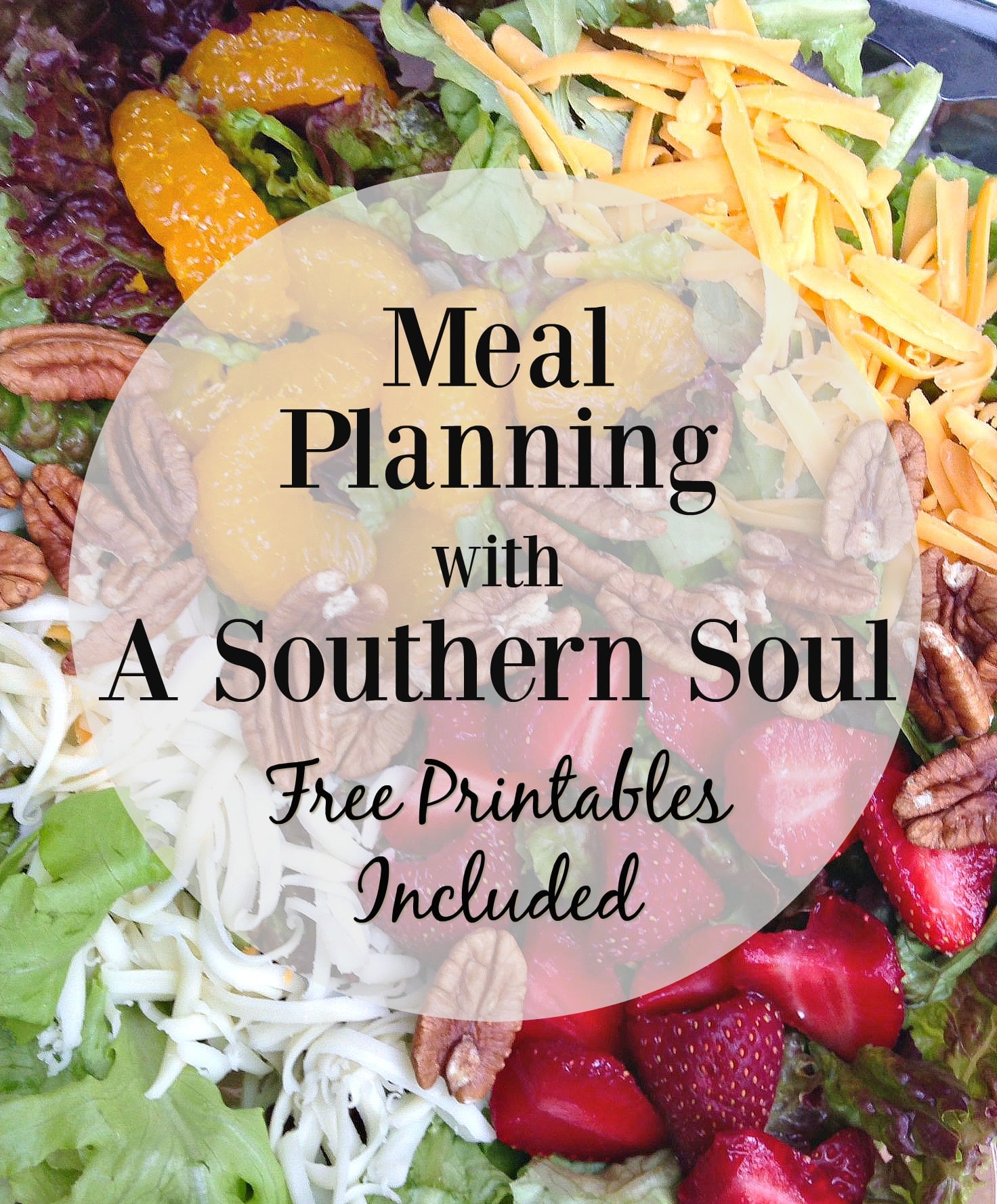 Colorful salad with lettuce, shredded cheese, pecans, strawberries, and mandarin oranges on blue plate. Pinterest pin for Meal Planning For