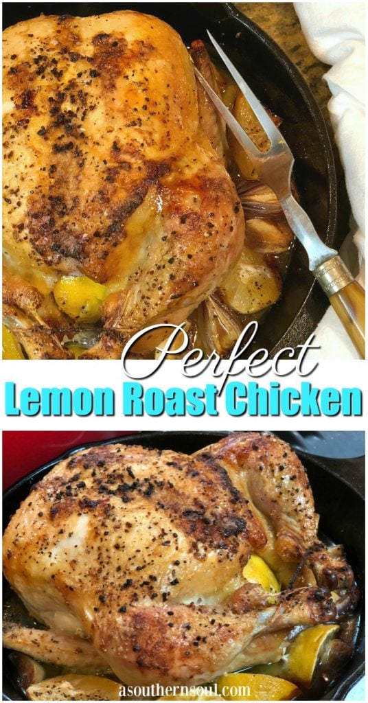 lemon roast chicken with onions and garlic in a casts iron skillet
