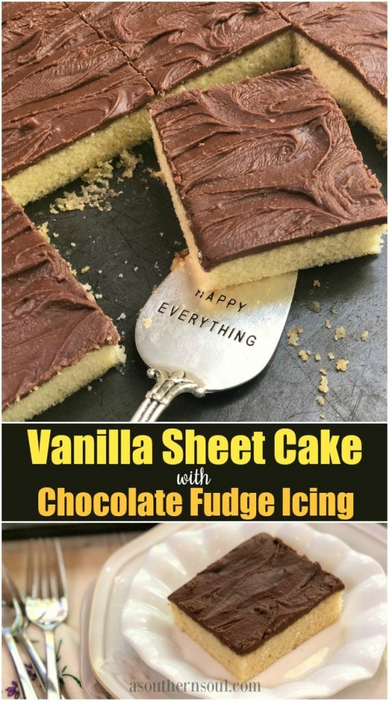 vanilla sheet cake with chocolate fudge icing