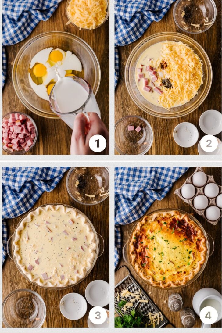 Four-step process collage showing whisked egg custard, ham and cheese added to the crust, quiche going into the oven, and the finished quiche set and golden.