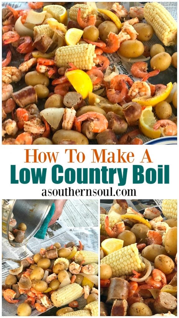 How to make a Low Country Boil with shrimp, sausage, potatoes and onions.