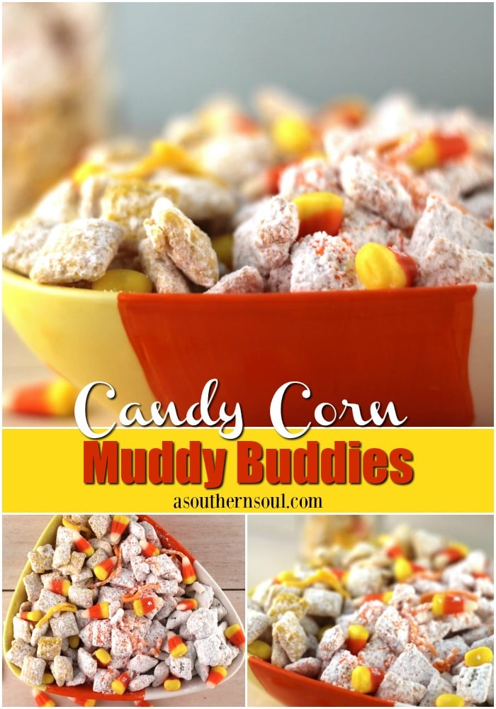 Candy corn Muddy Buddy snack mix is loaded with sweetness. It's a crunchy treat that everyone will love.
