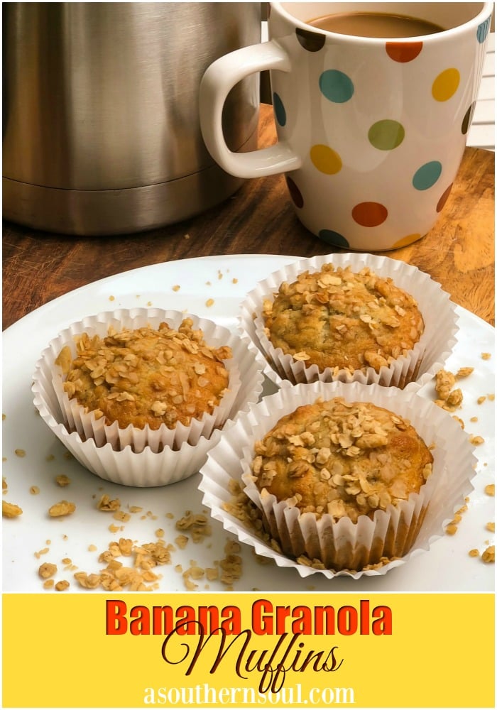 Banana granola muffins are soft and fully on the inside with an added crunch on the top.