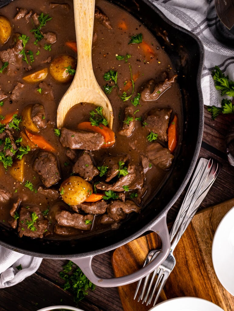 Skillet Beef Stew in a gray cast iron skillet