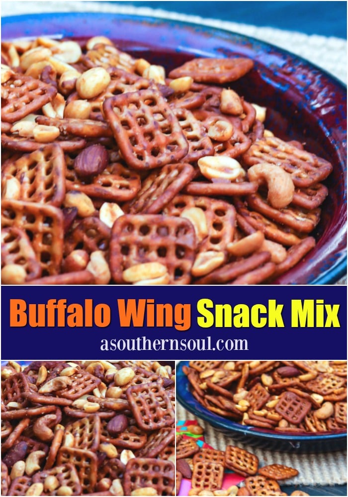 Pretzels and nuts tossed in butter and buffalo wing sauce are turned into a spicy, savory treat that great for game day snacking!