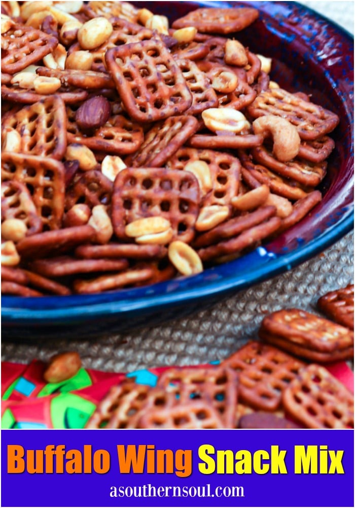Pretzels and nuts tossed in butter and buffalo wing sauce are turned into a spicy, savory treat that great for game day snacking!