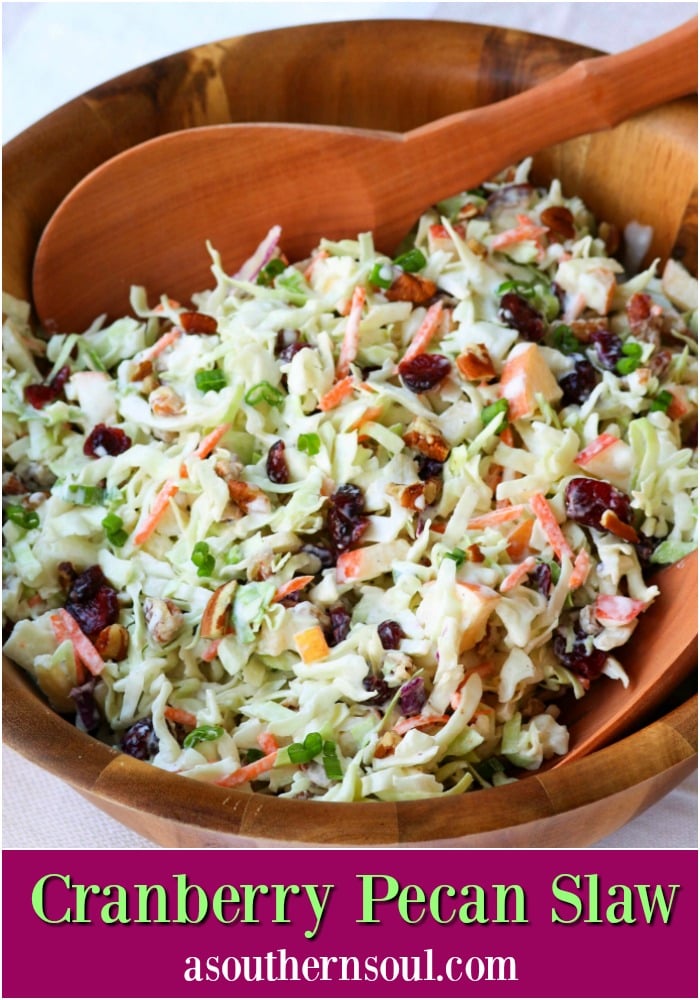 Take your coleslaw to a whole new level with sweet, tangy cranberries and crunchy pecans. Mix in an apple and some savory green onions then toss it all in a creamy dressing for a dish that's an amazing side for any gathering!