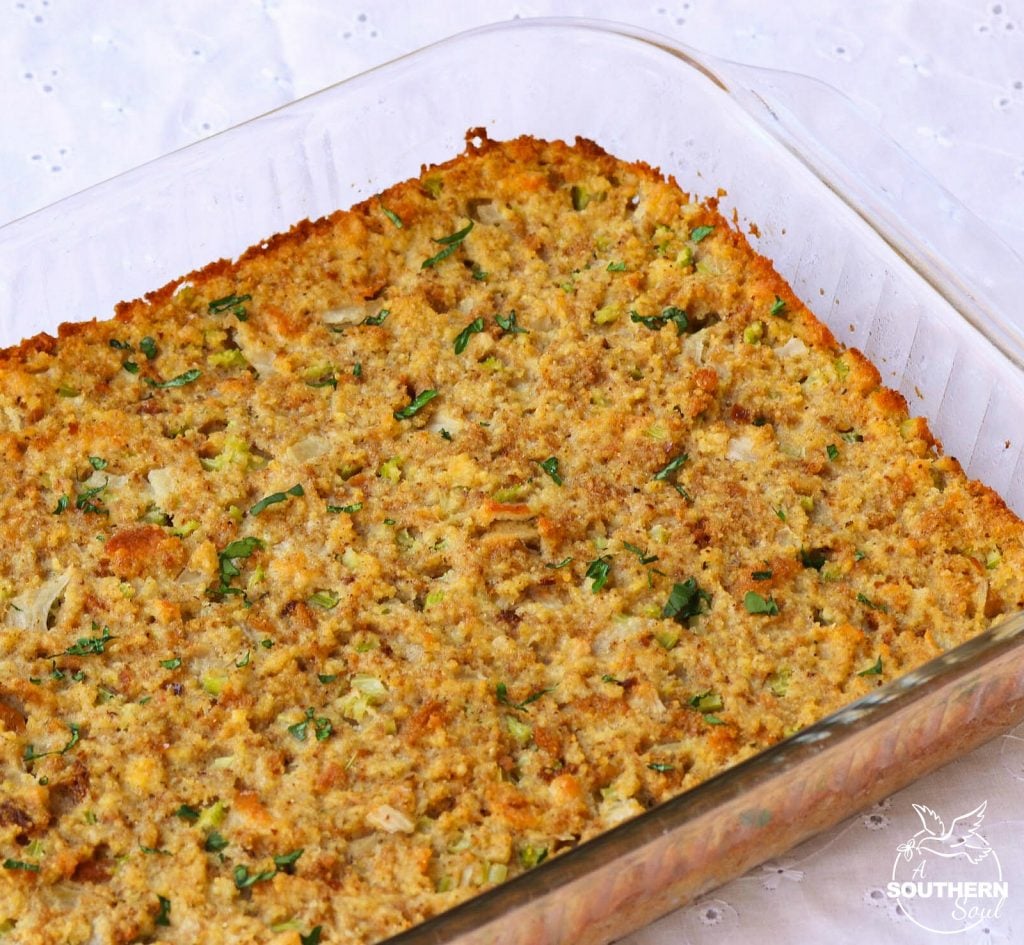 Southern Cornbread Dressing with celery, onions and just the right amount of seasoning is a tradition during the holidays that can't be missed.