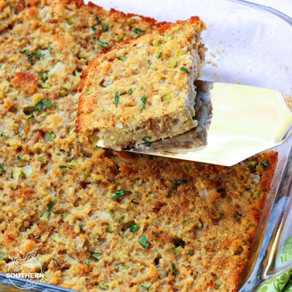 Southern Cornbread Dressing with celery, onions and just the right amount of seasoning is a tradition during the holidays that can't be missed.
