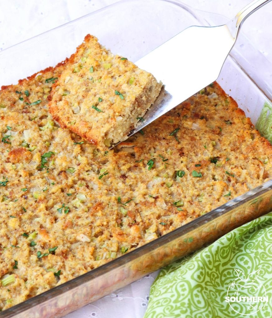 Southern Cornbread Dressing with celery, onions and just the right amount of seasoning is a tradition during the holidays that can't be missed.