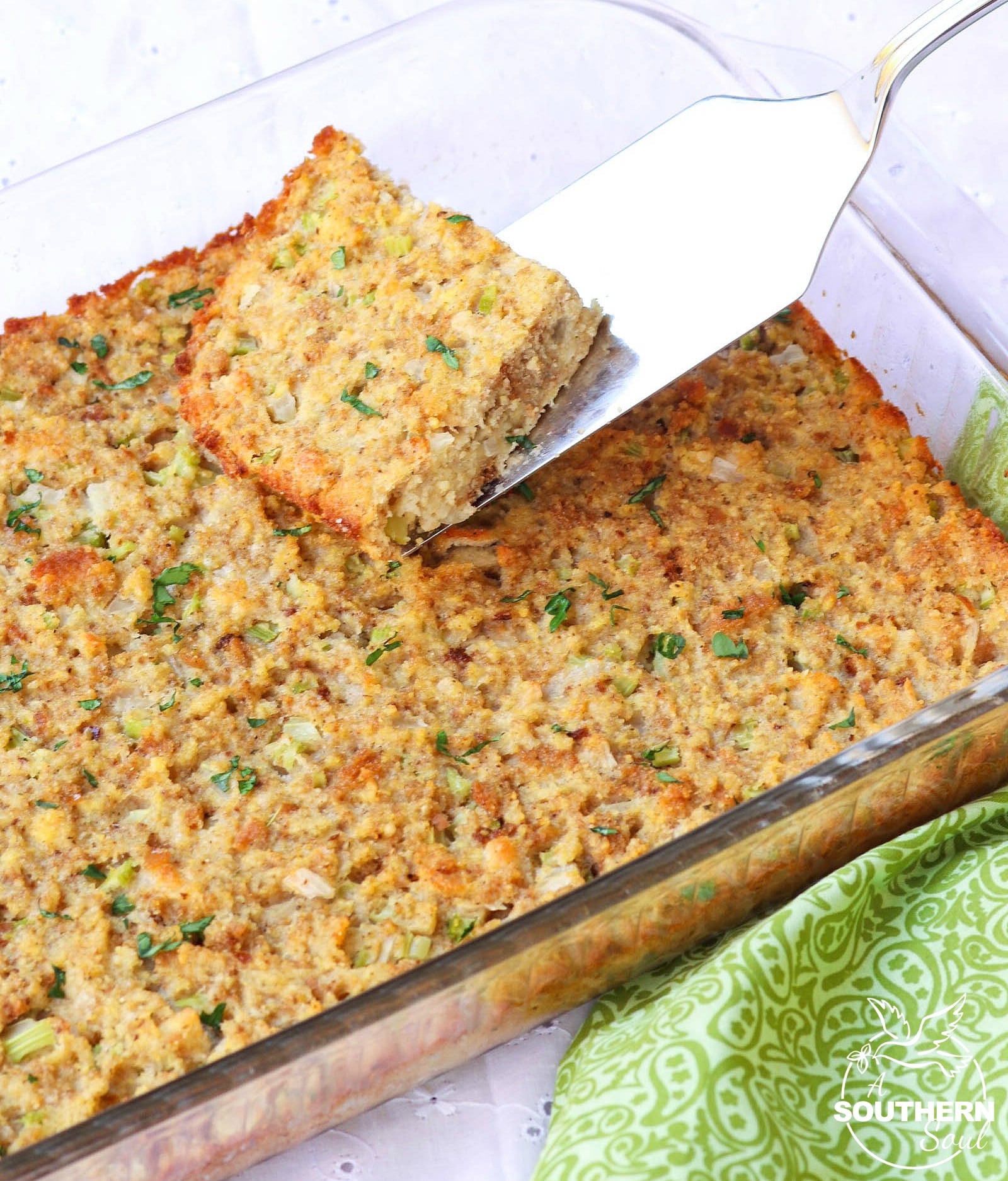 Southern Cornbread Dressing with celery, onions and just the right amount of seasoning is a tradition during the holidays that can't be missed.