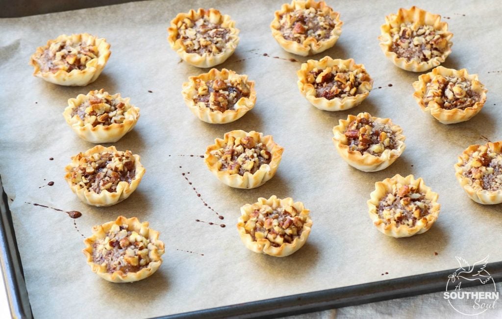 Pecan Pie Tart Bites are a fun little treat loaded with all the flavor of a regular slice of pie! Easy to make with the help of store bought phyllo cups, this dessert comes together in less than 15 minutes.
