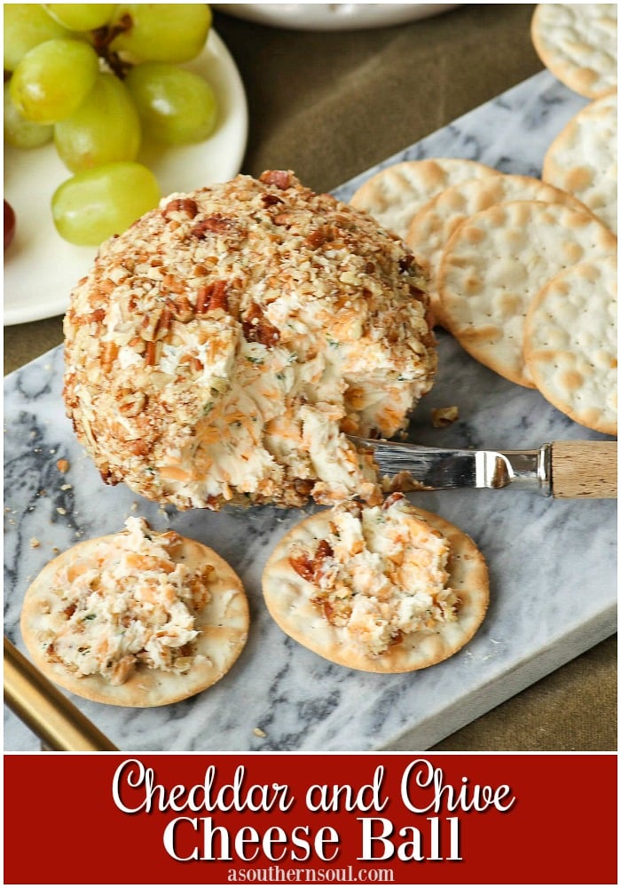 Cheddar & Chive Ball is an easy to make appetizer that's perfect for any gathering. It freezes beautifully so that you've throw a party at the drop of a hat!