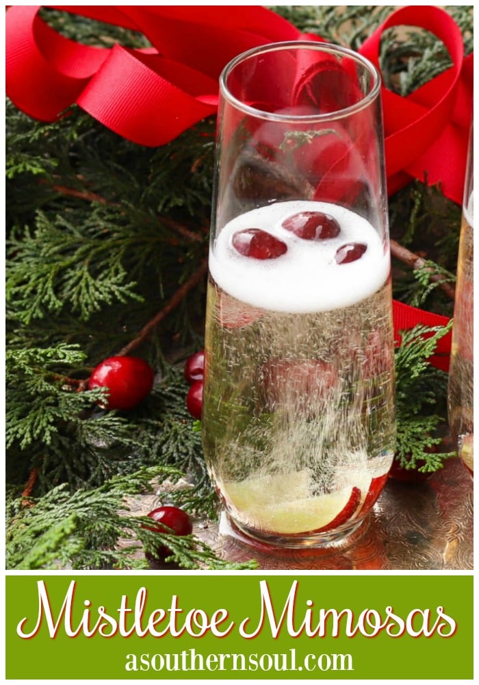 Make your holiday season extra bright with this signature cocktail! Mistletoe Mimosas, made with sparkling apple cider and Proscecco with chilled fruit is a great way to share a little holiday happiness.