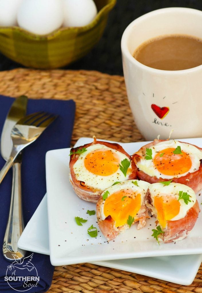 Ham and Cheese Egg Cups made in a muffin tin are a low carb breakfast that downright delicious. They are super easy to make with three ingredients are are ready to enjoy in less than 20 minutes.