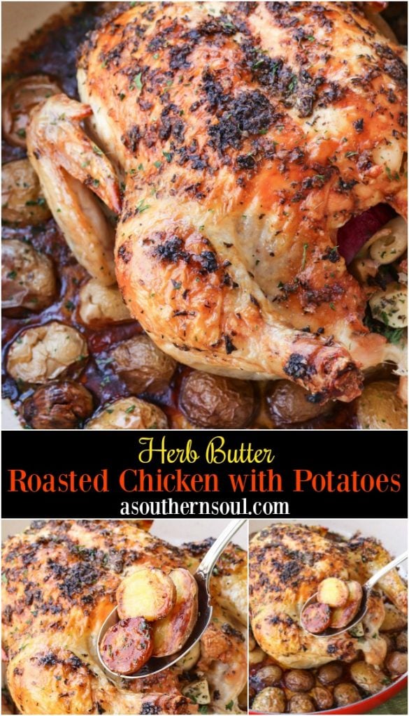 Herb butter with thyme, basil and oregano flavors a whole chicken roasted in the oven on a bed of new potatoes.