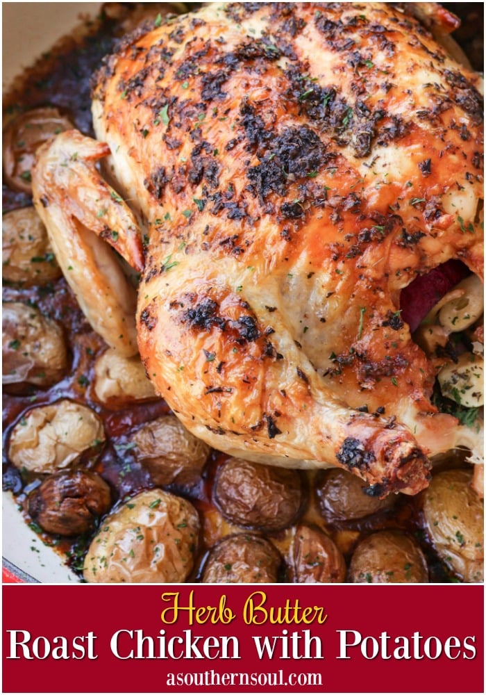 Herb butter with thyme, basil and oregano flavors a whole chicken roasted in the oven on a bed of new potatoes.