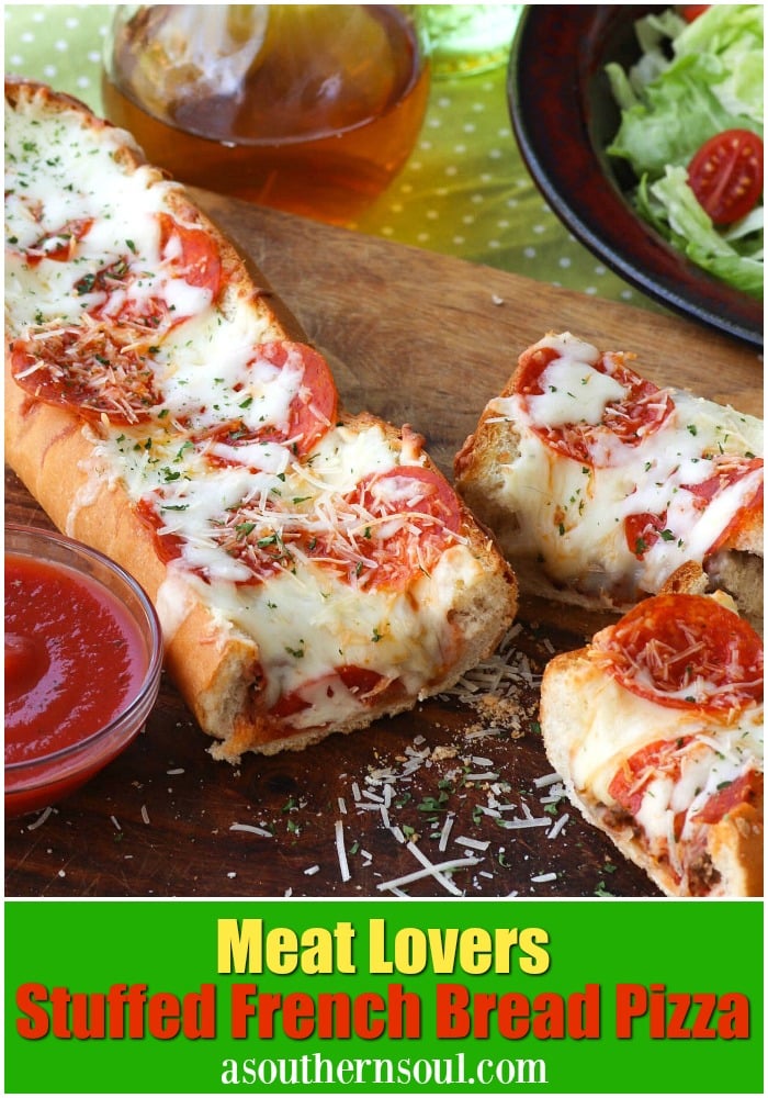 Meat Lovers Stuffed French Bread Pizza is easy to make and loaded with flavor. Hamburger and pepperoni along with two kinds of gooey cheese make this a recipe perfect for a weeknight meal or for game day!