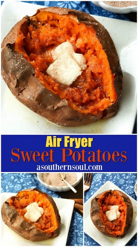 Sweet Potatoes cooked perfectly in the Air Fryer then seasoned with salt and cinnamon sugar along with butter is an amazing easy to make side dish.
