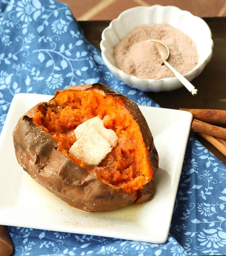 Sweet Potatoes cooked perfectly in the Air Fryer then seasoned with salt and cinnamon sugar along with butter is an amazing easy to make side dish.
